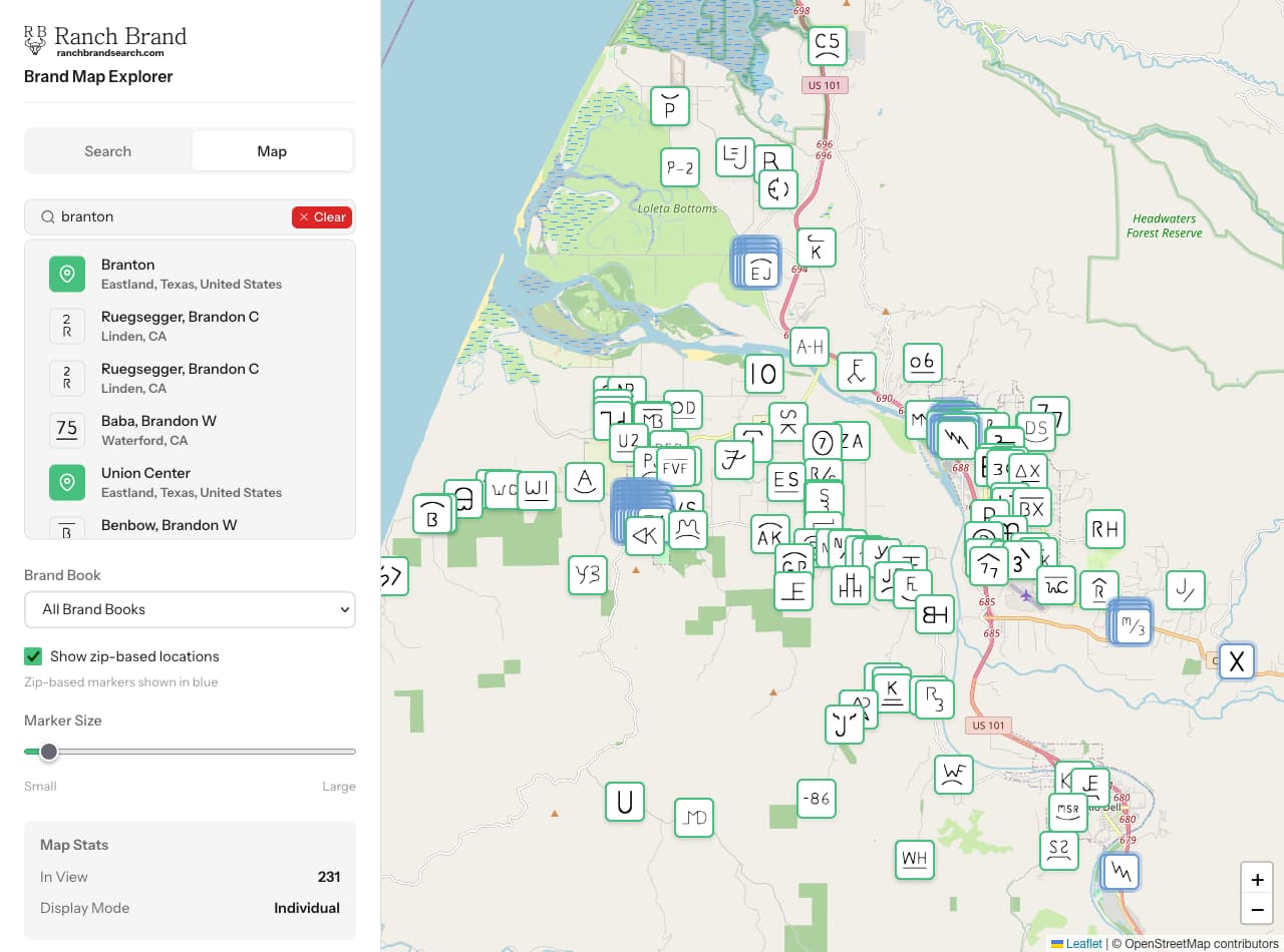 Brand map showing markers across a region